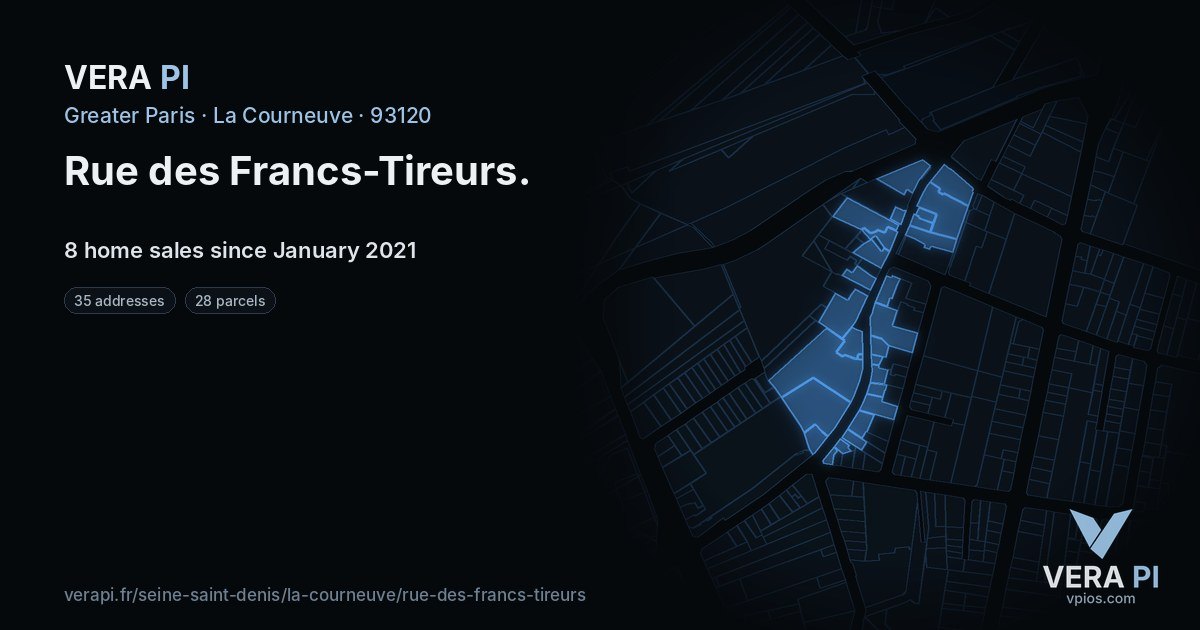 Rue des Francs-Tireurs, La Courneuve at night – every parcel coloured by the prices around it, the street's own parcels lit