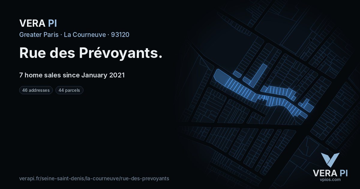 Rue des Prévoyants, La Courneuve at night – every parcel coloured by the prices around it, the street's own parcels lit