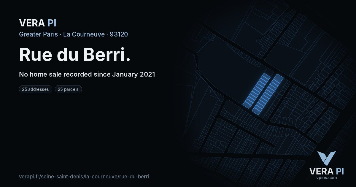 Rue du Berri, La Courneuve at night – every parcel coloured by the prices around it, the street's own parcels lit