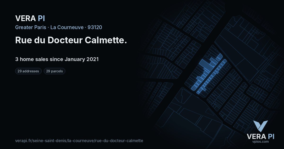 Rue du Docteur Calmette, La Courneuve at night – every parcel coloured by the prices around it, the street's own parcels lit