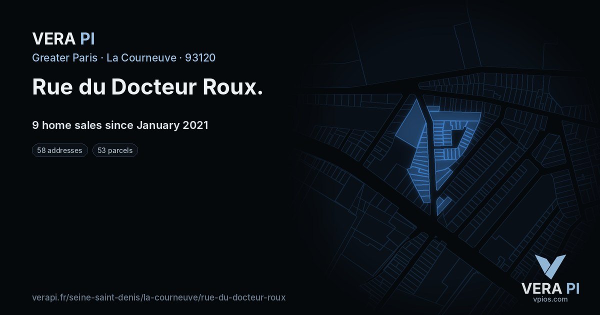 Rue du Docteur Roux, La Courneuve at night – every parcel coloured by the prices around it, the street's own parcels lit