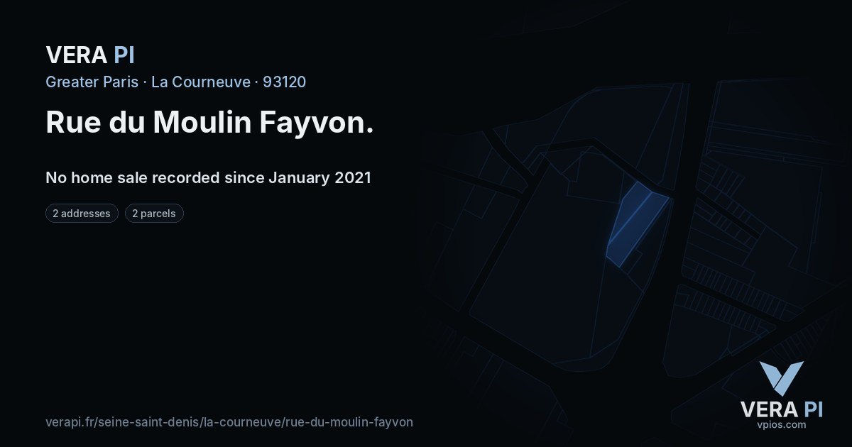 Rue du Moulin Fayvon, La Courneuve at night – every parcel coloured by the prices around it, the street's own parcels lit