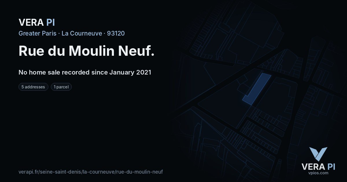 Rue du Moulin Neuf, La Courneuve at night – every parcel coloured by the prices around it, the street's own parcels lit