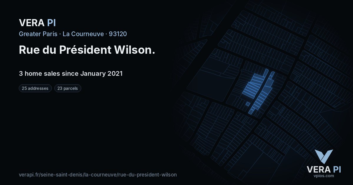 Rue du Président Wilson, La Courneuve at night – every parcel coloured by the prices around it, the street's own parcels lit