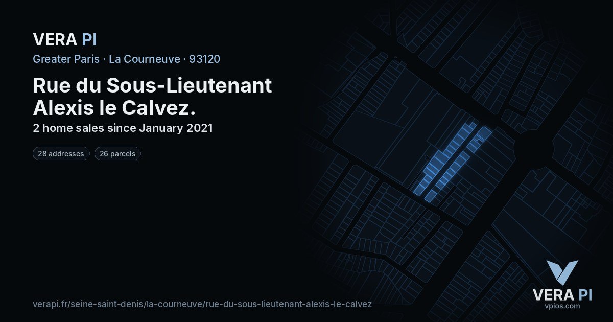 Rue du Sous-Lieutenant Alexis le Calvez, La Courneuve at night – every parcel coloured by the prices around it, the street's own parcels lit