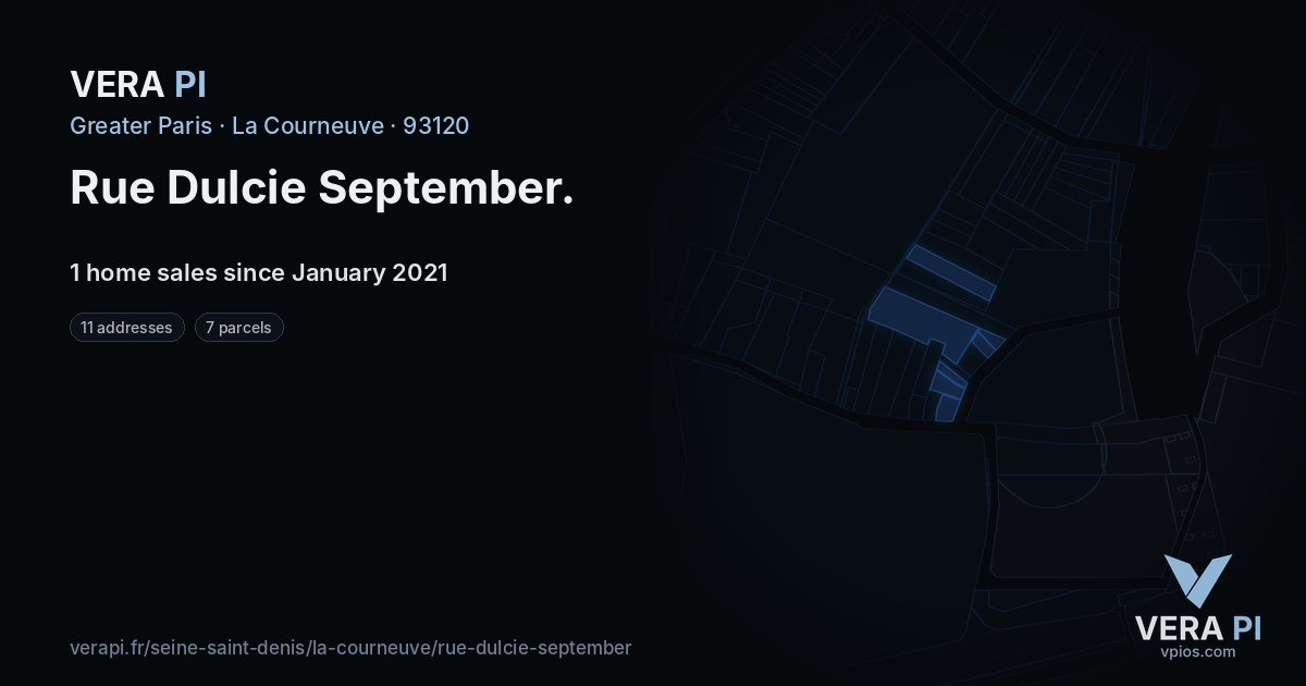 Rue Dulcie September, La Courneuve at night – every parcel coloured by the prices around it, the street's own parcels lit