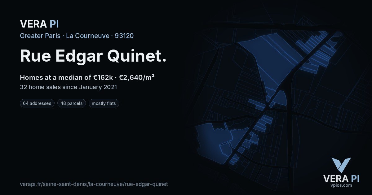 Rue Edgar Quinet, La Courneuve at night – every parcel coloured by the prices around it, the street's own parcels lit
