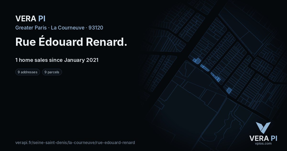 Rue Édouard Renard, La Courneuve at night – every parcel coloured by the prices around it, the street's own parcels lit