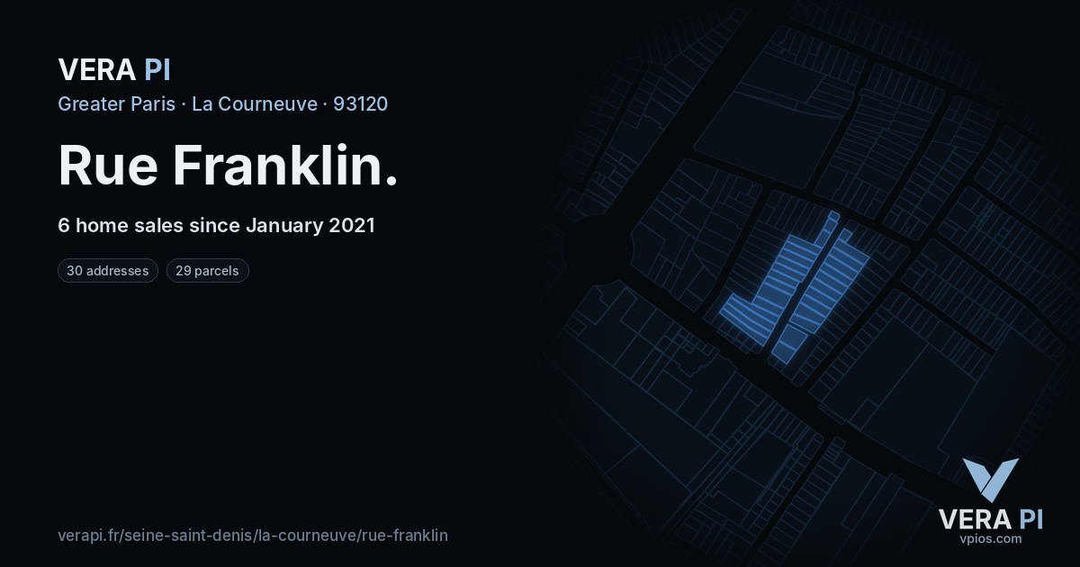 Rue Franklin, La Courneuve at night – every parcel coloured by the prices around it, the street's own parcels lit