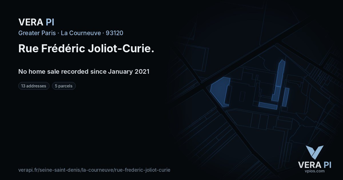 Rue Frédéric Joliot-Curie, La Courneuve at night – every parcel coloured by the prices around it, the street's own parcels lit