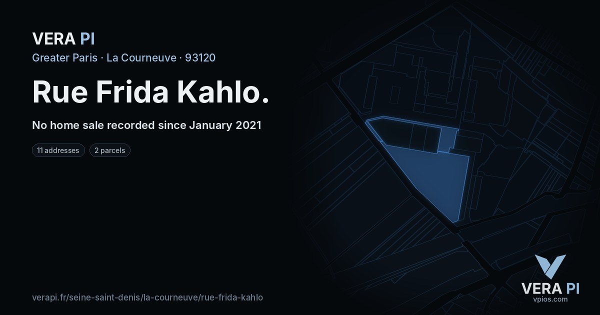 Rue Frida Kahlo, La Courneuve at night – every parcel coloured by the prices around it, the street's own parcels lit
