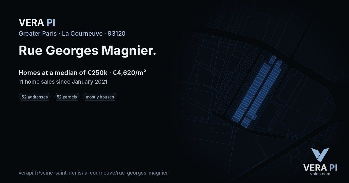 Rue Georges Magnier, La Courneuve at night – every parcel coloured by the prices around it, the street's own parcels lit