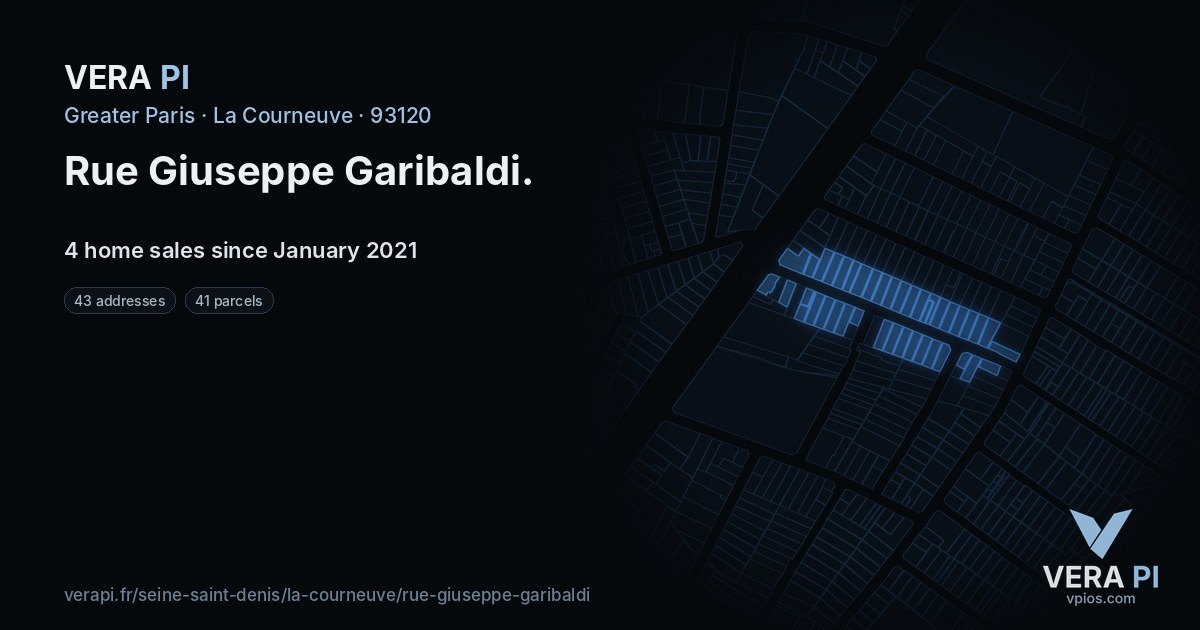Rue Giuseppe Garibaldi, La Courneuve at night – every parcel coloured by the prices around it, the street's own parcels lit
