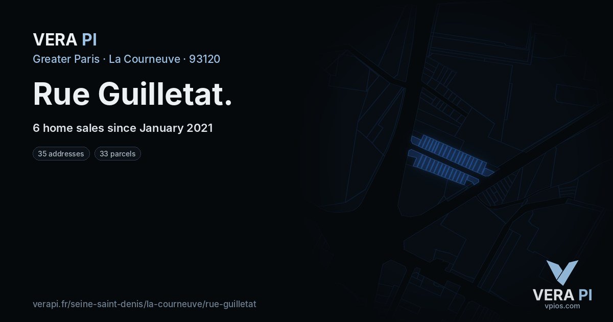 Rue Guilletat, La Courneuve at night – every parcel coloured by the prices around it, the street's own parcels lit