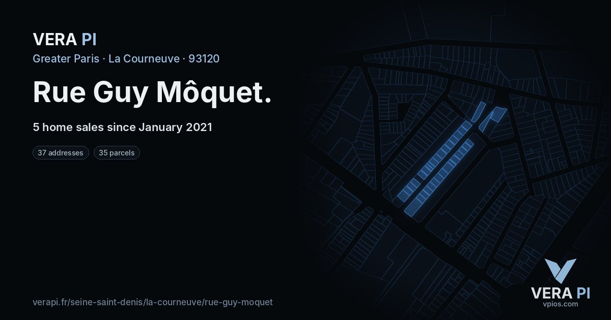 Rue Guy Môquet, La Courneuve at night – every parcel coloured by the prices around it, the street's own parcels lit