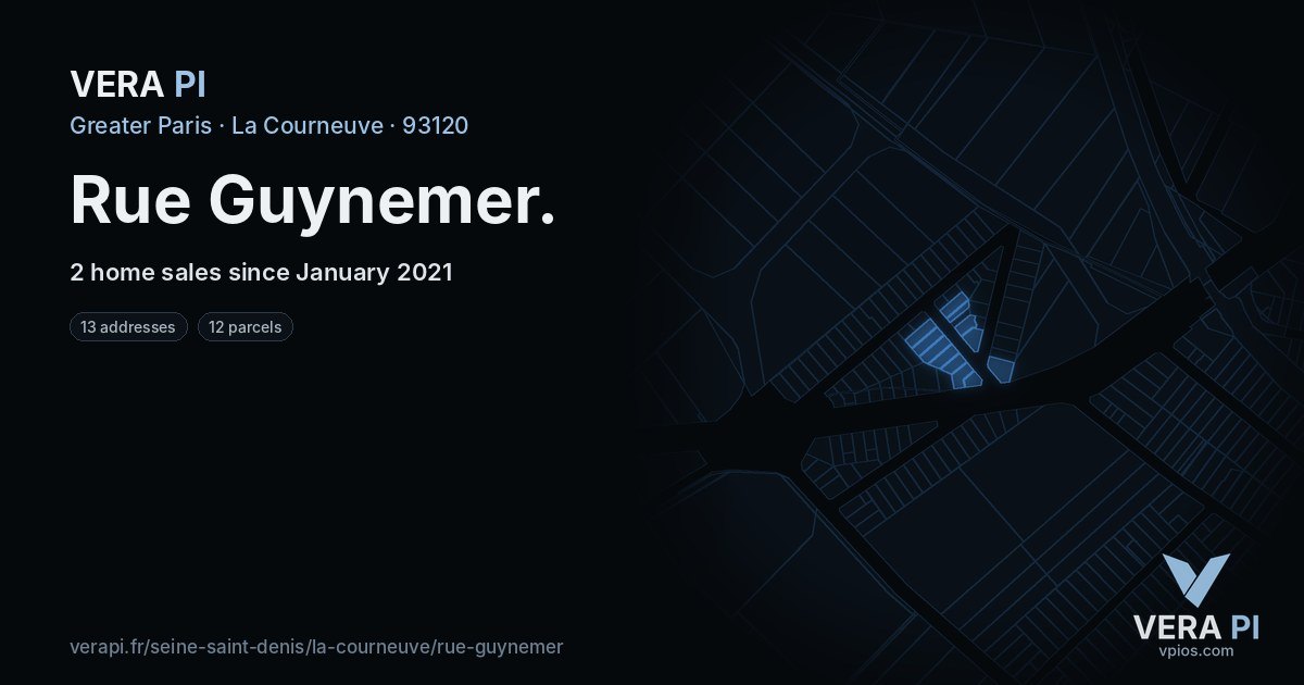 Rue Guynemer, La Courneuve at night – every parcel coloured by the prices around it, the street's own parcels lit