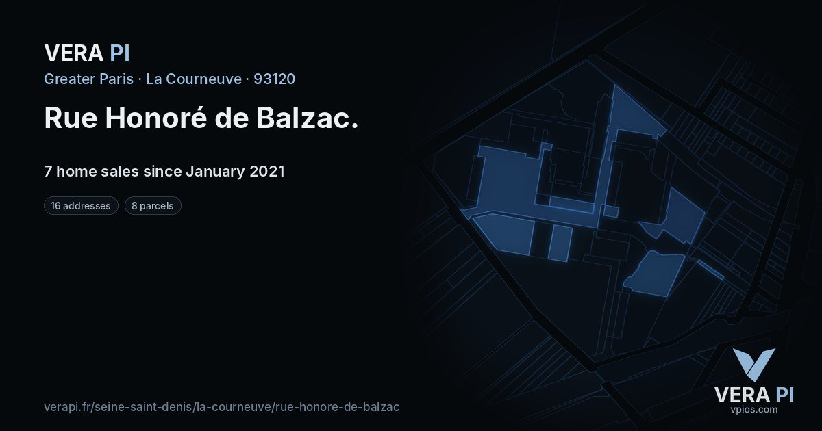 Rue Honoré de Balzac, La Courneuve at night – every parcel coloured by the prices around it, the street's own parcels lit