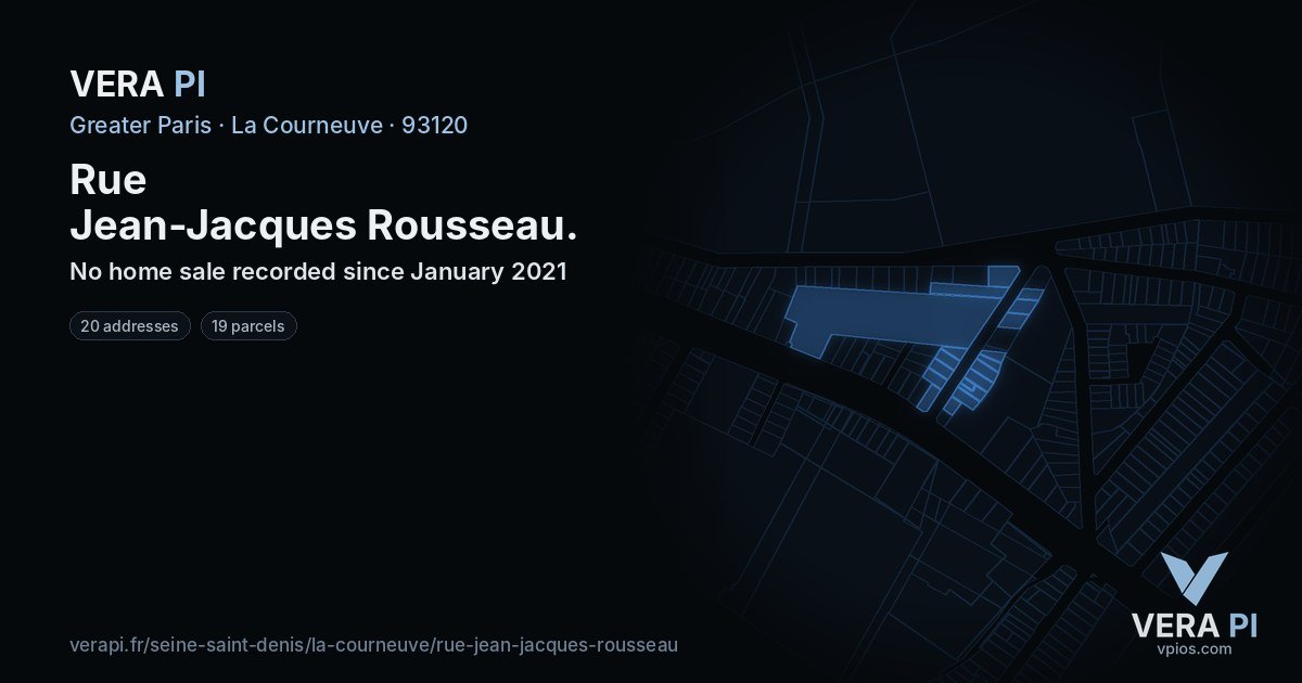 Rue Jean-Jacques Rousseau, La Courneuve at night – every parcel coloured by the prices around it, the street's own parcels lit