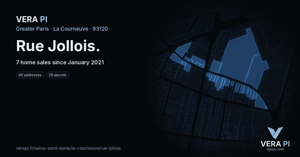 Rue Jollois, La Courneuve at night – every parcel coloured by the prices around it, the street's own parcels lit