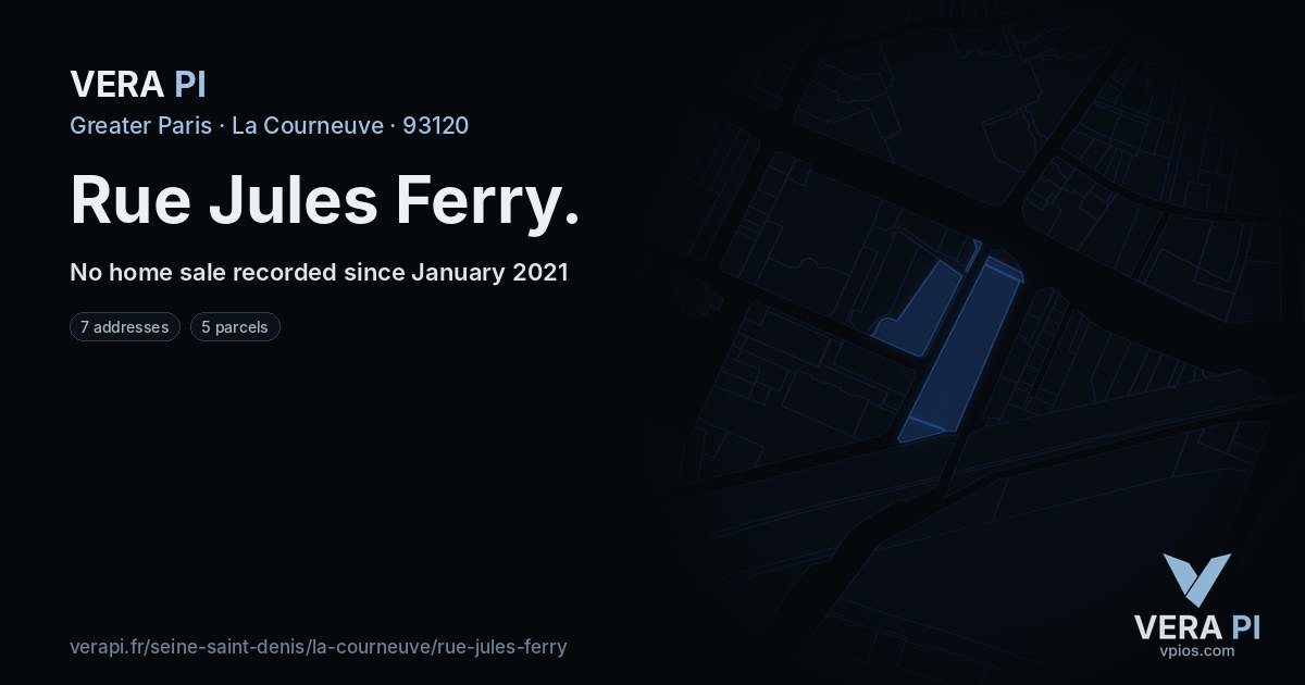 Rue Jules Ferry, La Courneuve at night – every parcel coloured by the prices around it, the street's own parcels lit