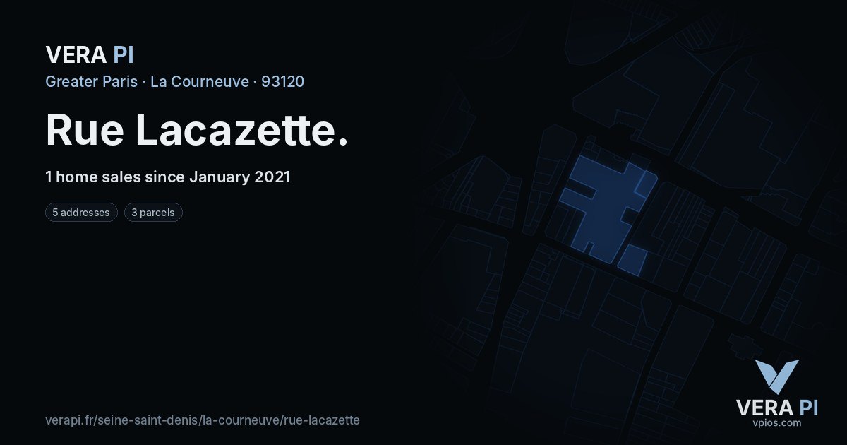 Rue Lacazette, La Courneuve at night – every parcel coloured by the prices around it, the street's own parcels lit