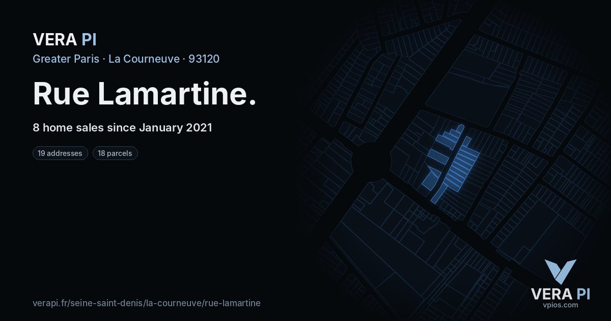Rue Lamartine, La Courneuve at night – every parcel coloured by the prices around it, the street's own parcels lit