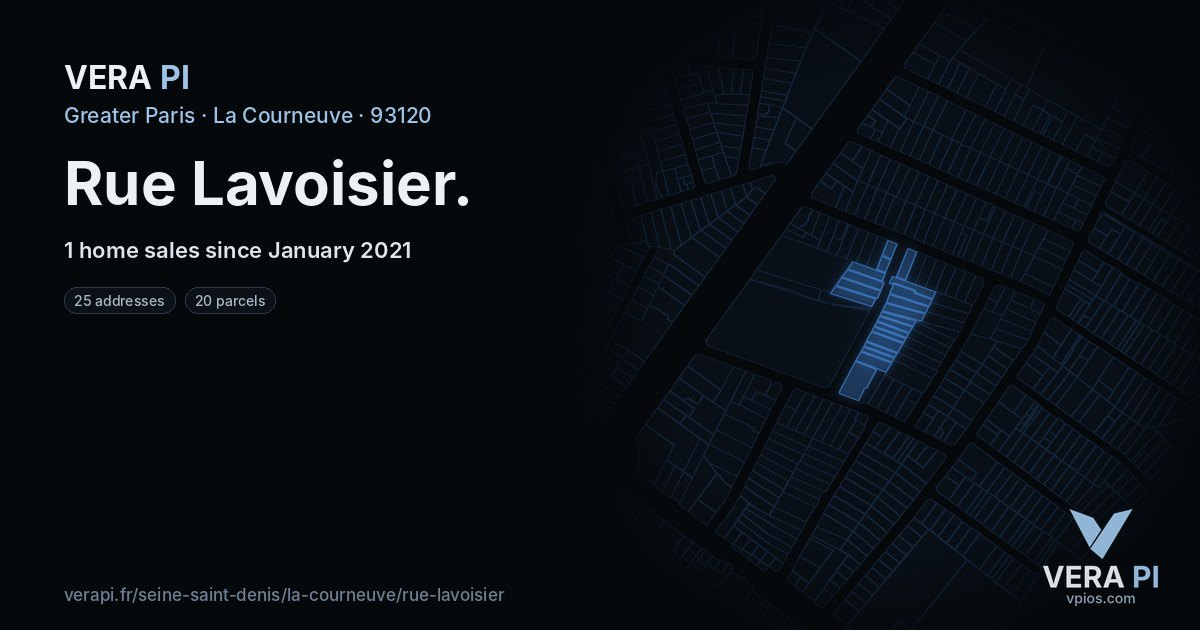 Rue Lavoisier, La Courneuve at night – every parcel coloured by the prices around it, the street's own parcels lit