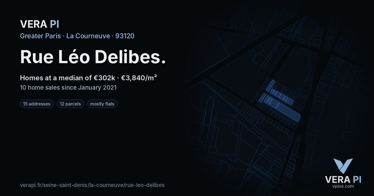 Rue Léo Delibes, La Courneuve at night – every parcel coloured by the prices around it, the street's own parcels lit