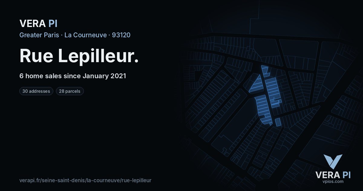 Rue Lepilleur, La Courneuve at night – every parcel coloured by the prices around it, the street's own parcels lit