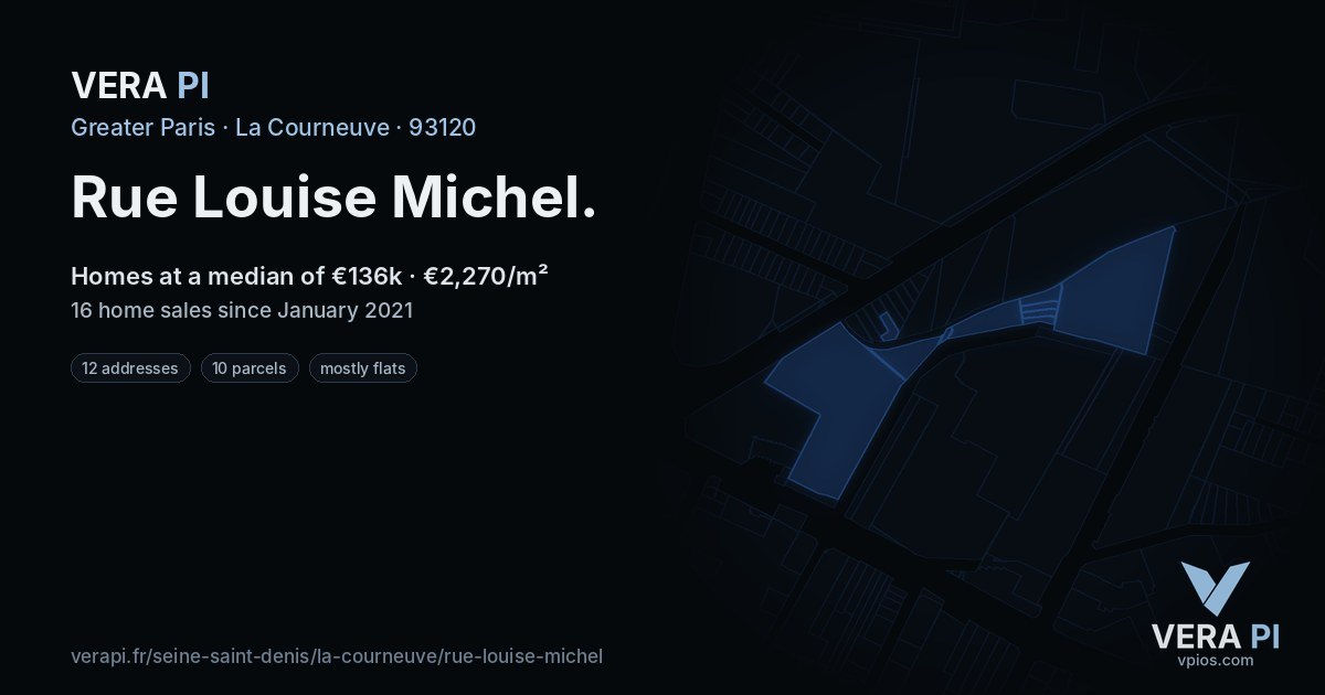 Rue Louise Michel, La Courneuve at night – every parcel coloured by the prices around it, the street's own parcels lit