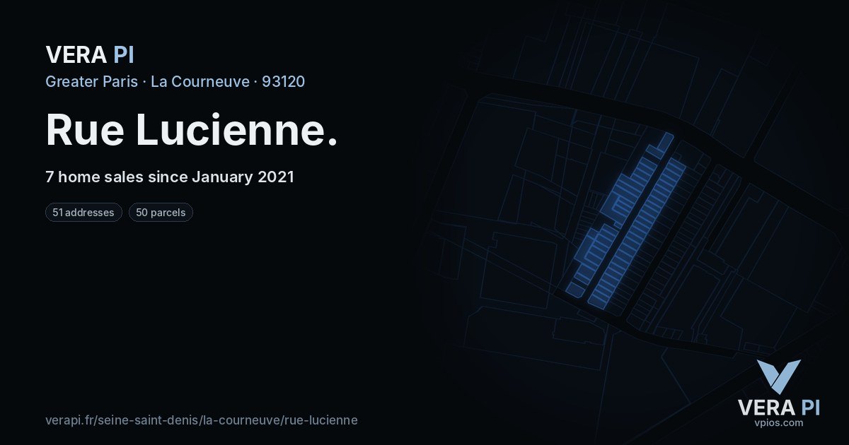 Rue Lucienne, La Courneuve at night – every parcel coloured by the prices around it, the street's own parcels lit