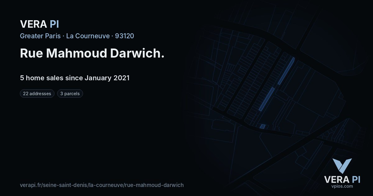 Rue Mahmoud Darwich, La Courneuve at night – every parcel coloured by the prices around it, the street's own parcels lit