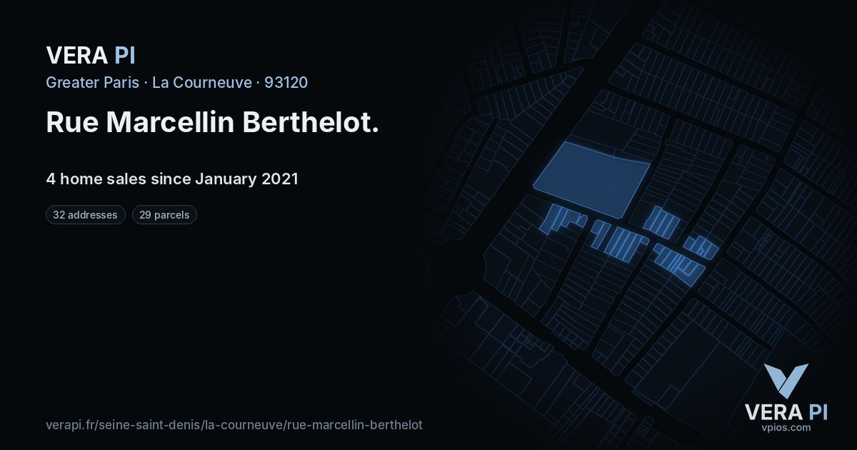 Rue Marcellin Berthelot, La Courneuve at night – every parcel coloured by the prices around it, the street's own parcels lit