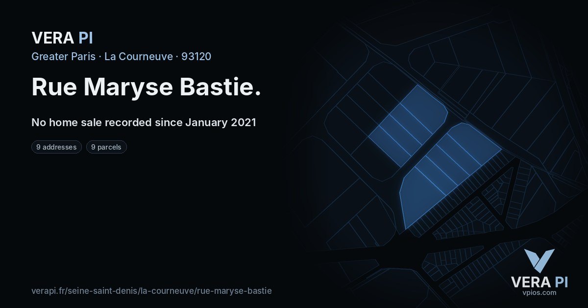 Rue Maryse Bastie, La Courneuve at night – every parcel coloured by the prices around it, the street's own parcels lit