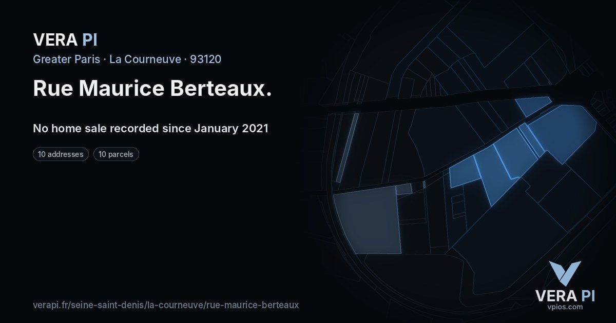Rue Maurice Berteaux, La Courneuve at night – every parcel coloured by the prices around it, the street's own parcels lit
