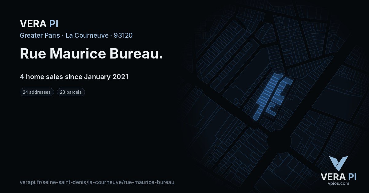 Rue Maurice Bureau, La Courneuve at night – every parcel coloured by the prices around it, the street's own parcels lit