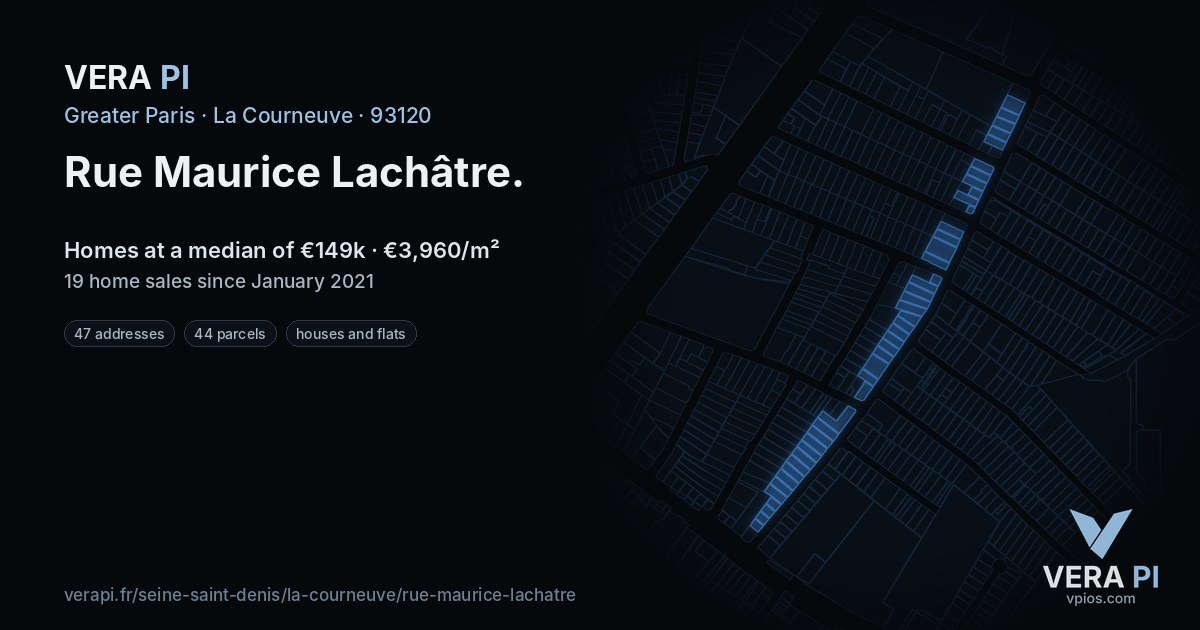Rue Maurice Lachâtre, La Courneuve at night – every parcel coloured by the prices around it, the street's own parcels lit