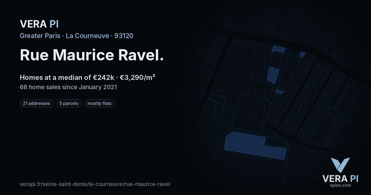 Rue Maurice Ravel, La Courneuve at night – every parcel coloured by the prices around it, the street's own parcels lit