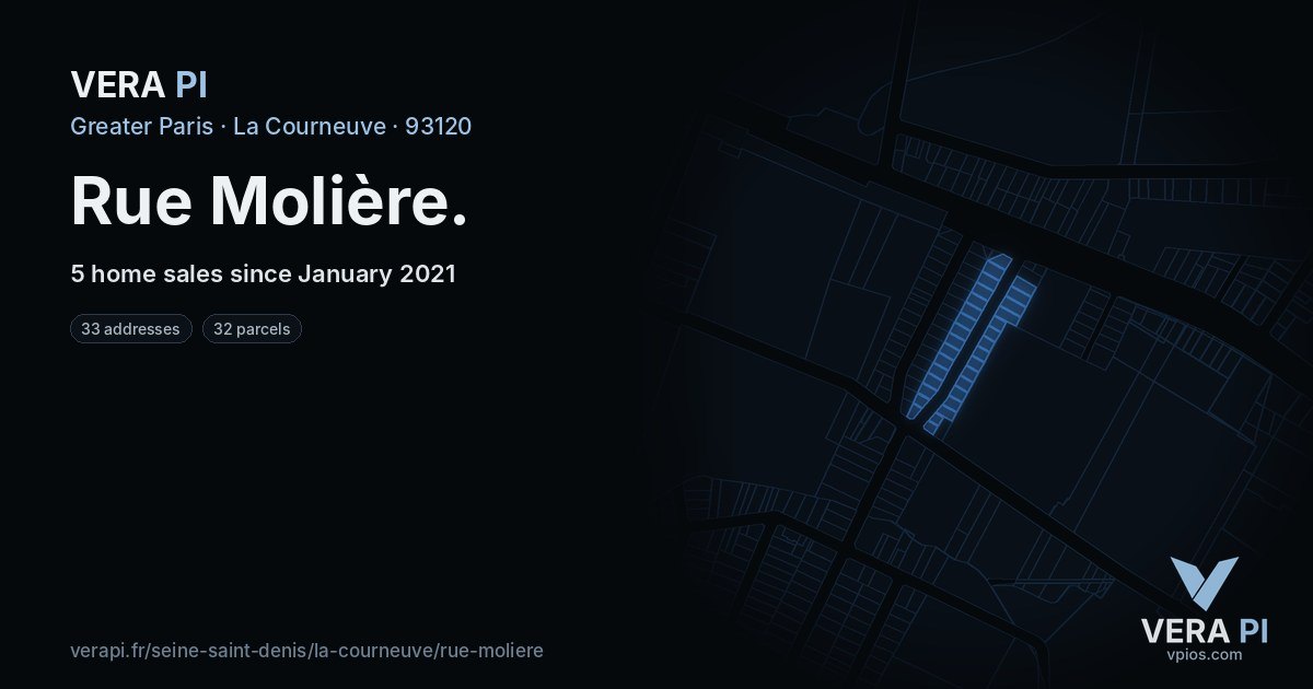 Rue Molière, La Courneuve at night – every parcel coloured by the prices around it, the street's own parcels lit
