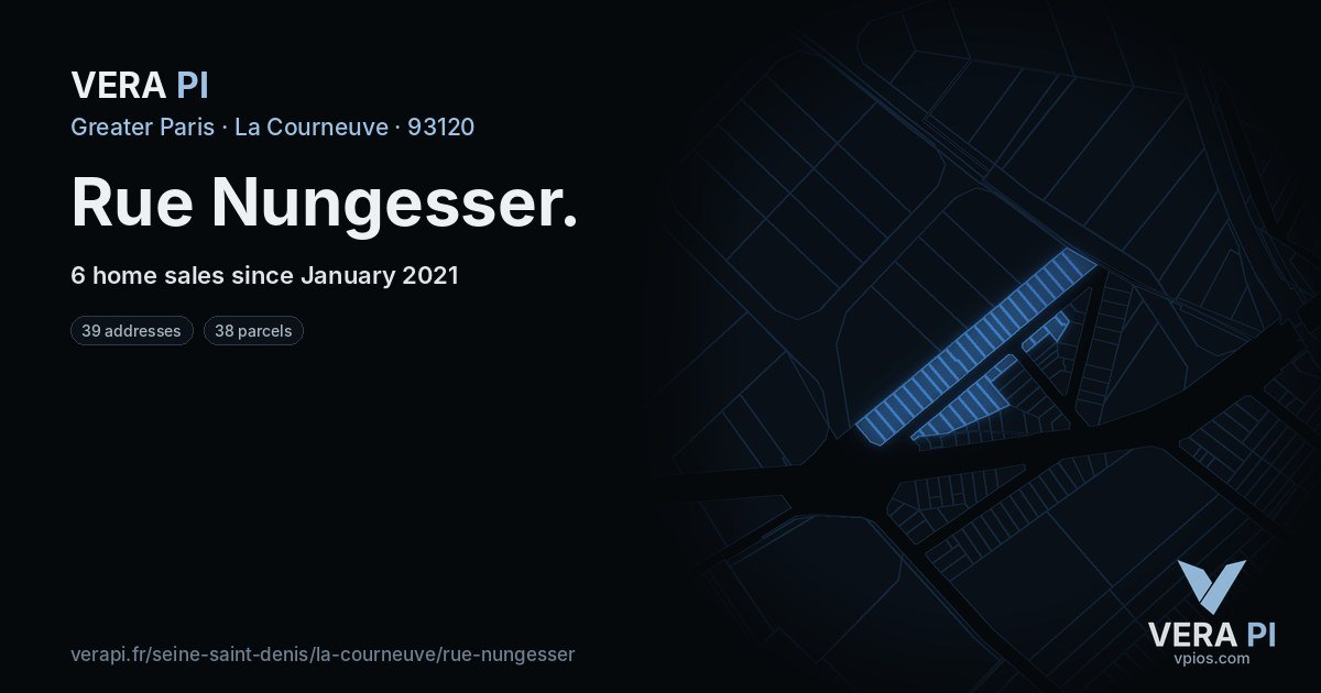 Rue Nungesser, La Courneuve at night – every parcel coloured by the prices around it, the street's own parcels lit