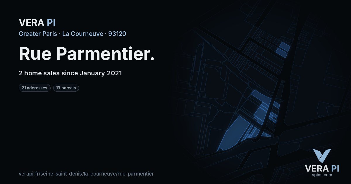 Rue Parmentier, La Courneuve at night – every parcel coloured by the prices around it, the street's own parcels lit