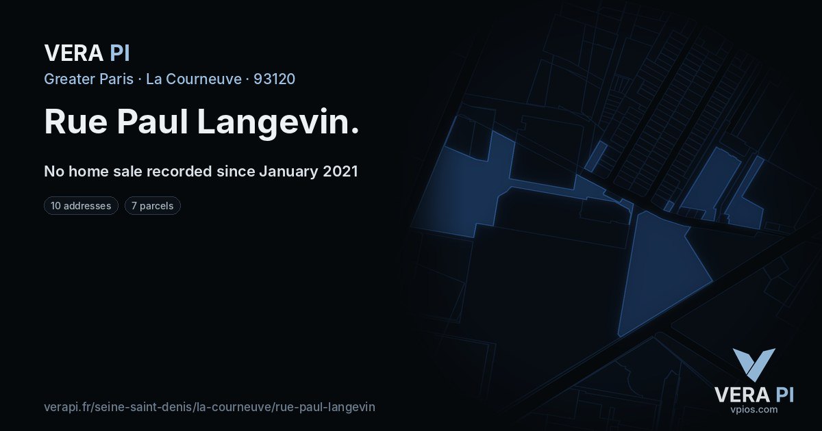 Rue Paul Langevin, La Courneuve at night – every parcel coloured by the prices around it, the street's own parcels lit