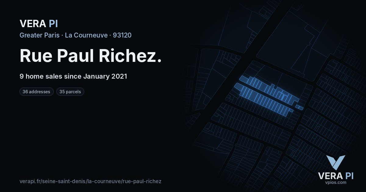 Rue Paul Richez, La Courneuve at night – every parcel coloured by the prices around it, the street's own parcels lit