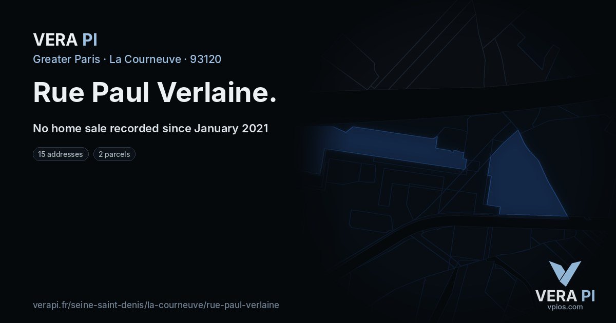 Rue Paul Verlaine, La Courneuve at night – every parcel coloured by the prices around it, the street's own parcels lit