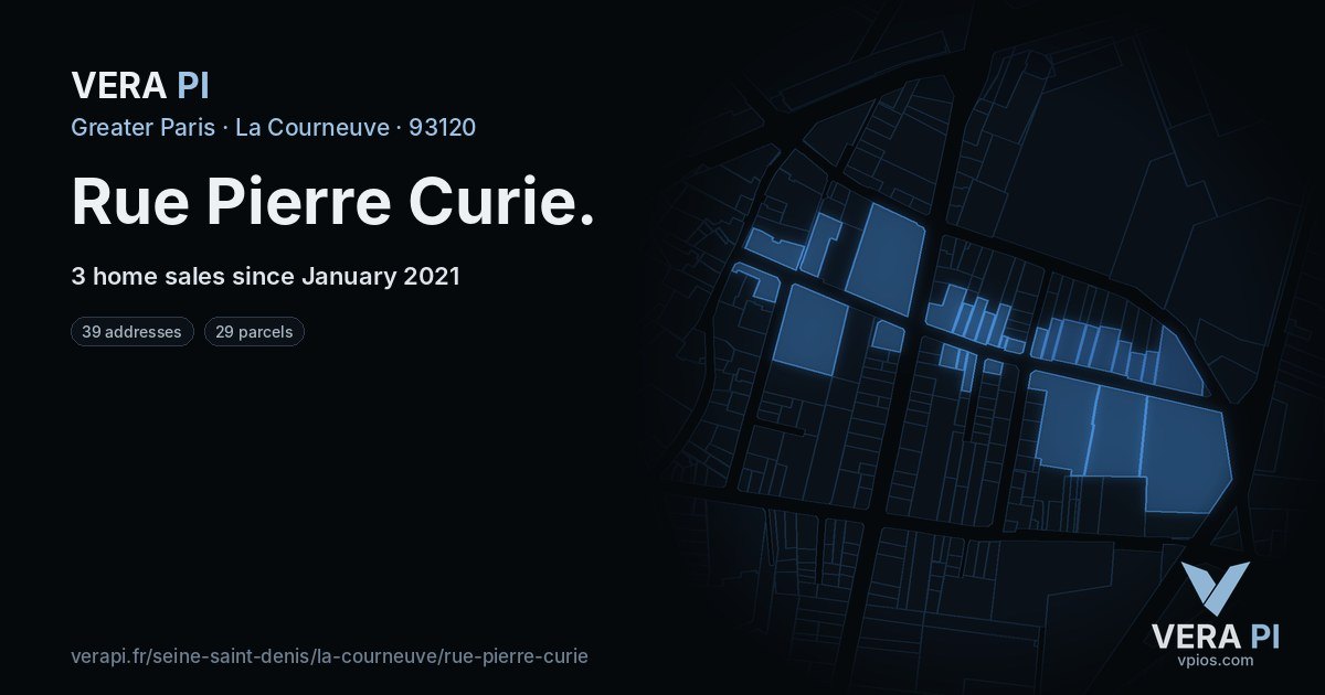 Rue Pierre Curie, La Courneuve at night – every parcel coloured by the prices around it, the street's own parcels lit