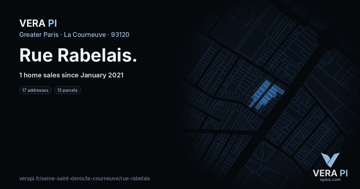 Rue Rabelais, La Courneuve at night – every parcel coloured by the prices around it, the street's own parcels lit