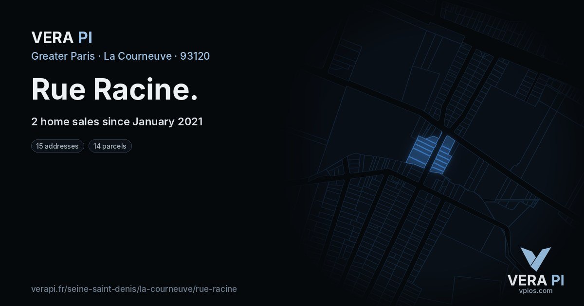 Rue Racine, La Courneuve at night – every parcel coloured by the prices around it, the street's own parcels lit