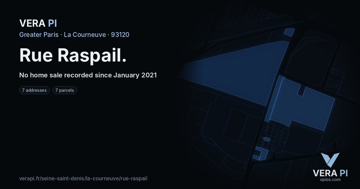 Rue Raspail, La Courneuve at night – every parcel coloured by the prices around it, the street's own parcels lit