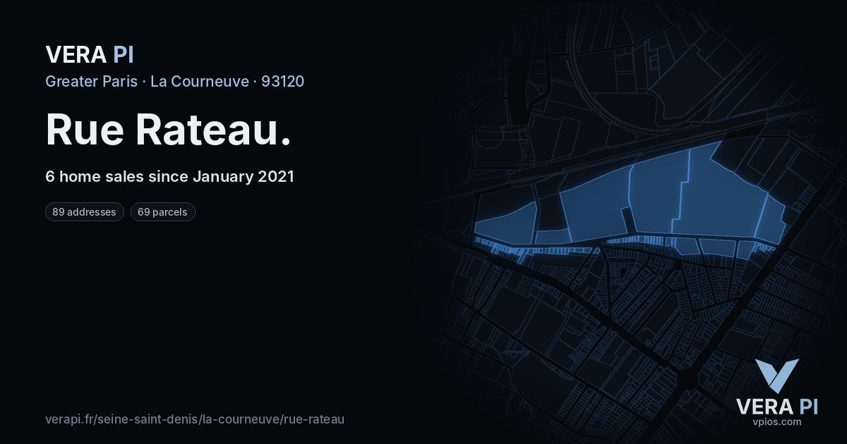 Rue Rateau, La Courneuve at night – every parcel coloured by the prices around it, the street's own parcels lit