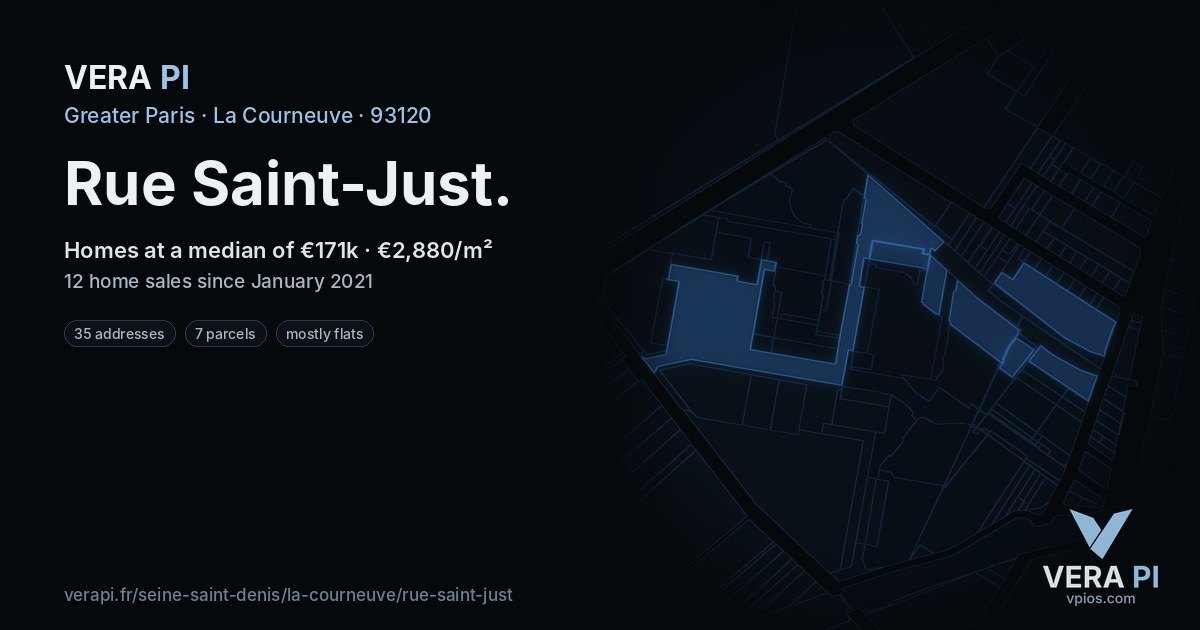 Rue Saint-Just, La Courneuve at night – every parcel coloured by the prices around it, the street's own parcels lit